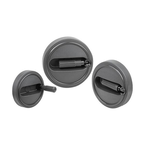 Handwheel, plastic, fold-away handle, 125 mm dia, 14 mm bore